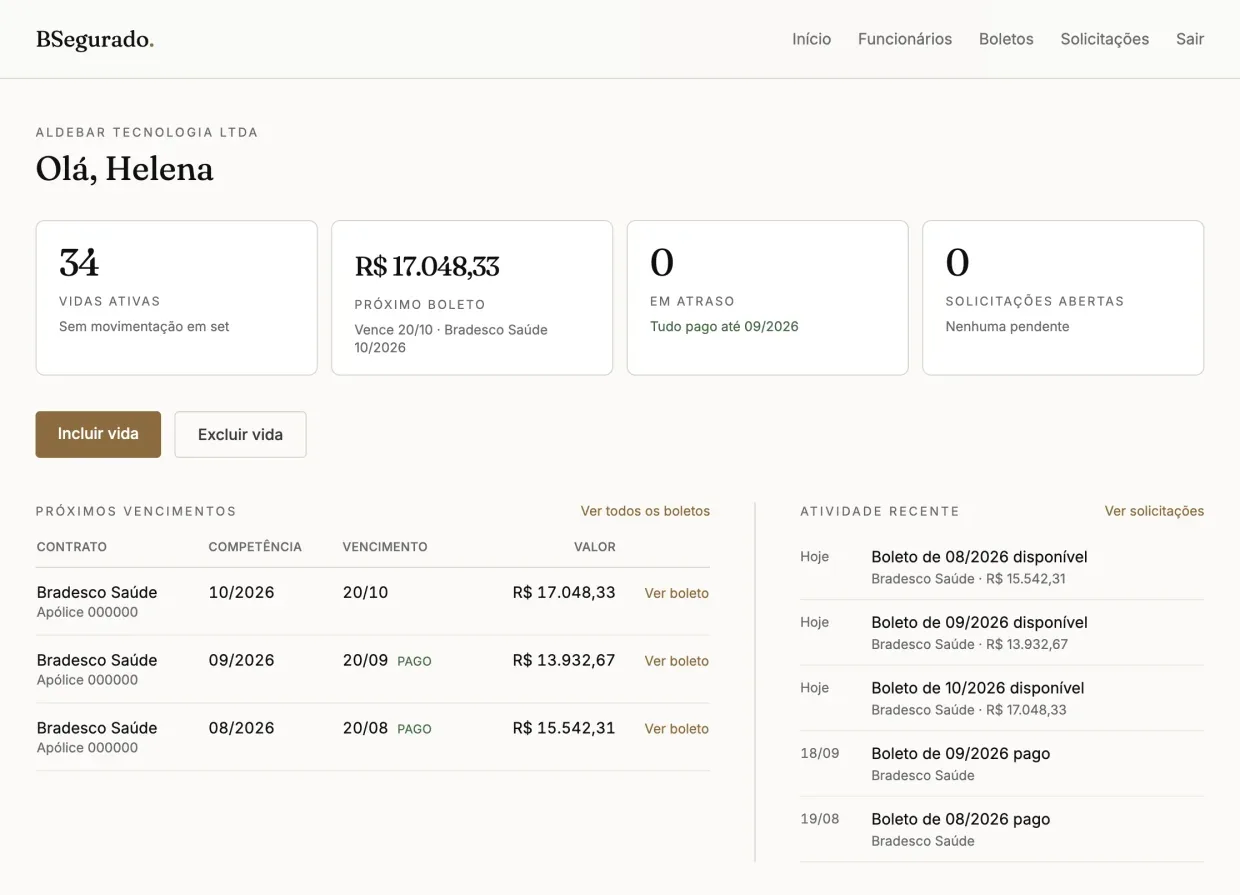Painel do portal do RH: vidas ativas, movimentações do mês e pedidos com status.